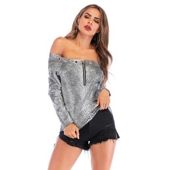 

6020 # WOMEN'S Dress Zipper A- line off-Shoulder Women's Pullover Slim Fit Snakeskin Tops 2020 New T-shirt