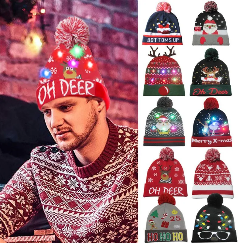 Adult Kids Christmas LED Light Up Beanie Hat Lovely Knitted Santa Claus Cap Gift