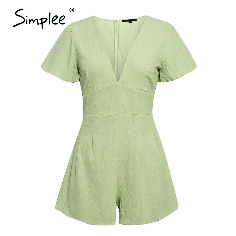 Simplee Sexy v neck women green playsuit Holiday summer female buttons cotton rompers jumpsuit Beach style short ladies overalls