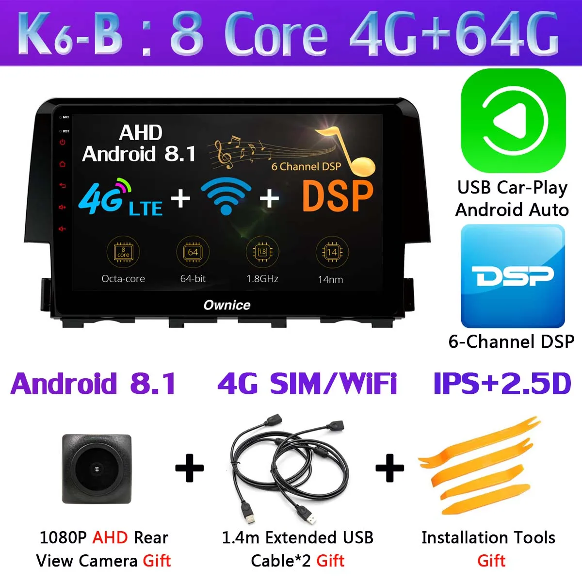 Панорамная камера на 360 ° Android 9,0 4G+ 64G gps радио CarPlay SPDIF DSP Автомагнитола плеер для Honda Civic - Цвет: K6-B-CarPlay