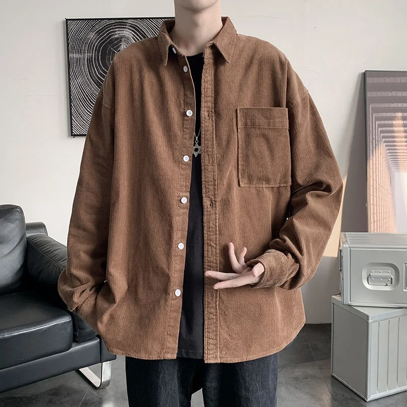 

2022 Men's Corduroy Fabric Solid Color Hawaiian Shirts Long Sleeve Korean Casual Mens Coats Fashion Shirts Camisa Masculina