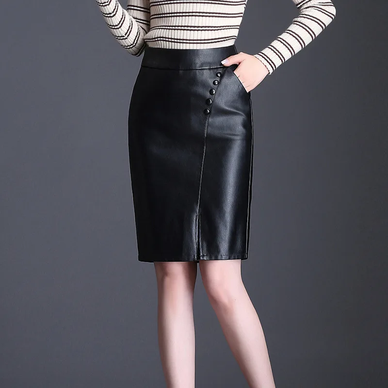 Autumn& Winter New Arrival Mid Length PU Leather Front Fork High Waist Pocket Skirt Korean Ladies Skirt Free Shipping