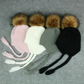 

Wool Ball Knitted Hat Kids Ears Beanie Thick Warm Children Cap Baby Hat with Pom Pom Cotton Newborn Winter Fur Hats for Children