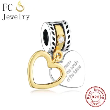 

FC Jewelry Fit Original Brand Charms Bracelet 925 Silver Gold Color Double Heart Letter Beads Pendant for Making Berloque 2018