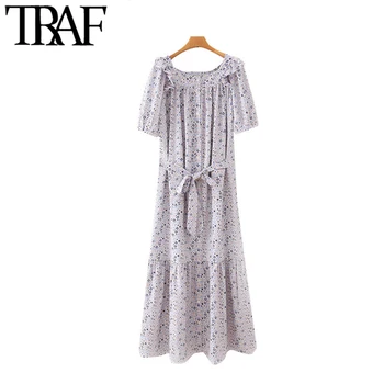

TRAF Women Elegant Fashion Printed With Sashes Ruffled Midi Dress Vintage Short Sleeve Pockets Female Dresses Vestidos