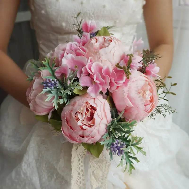 

Handmade Wedding Bouquet Artificial Peony Fake Berry Romantic Bride Holding Flower Rustic Long Lace Ribbon Party Home Decoration