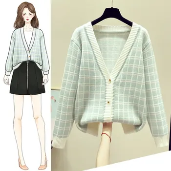 

Women's Autumn Retro Plaid V-neck Single Breasted Knitted Cardigan Sweater