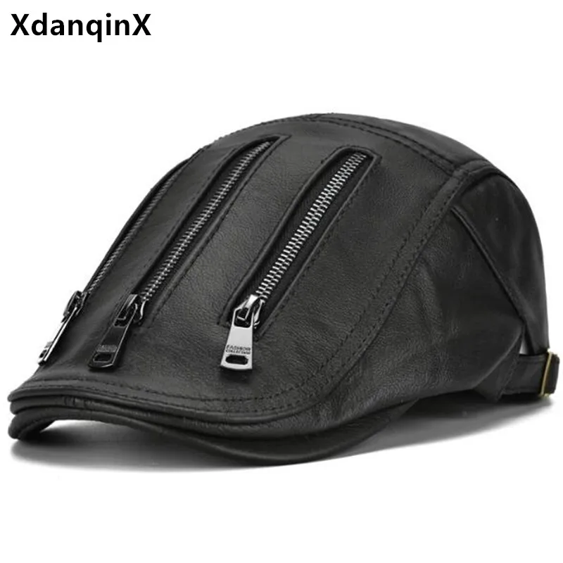 

XdanqinX Novelty Natural Cowhide Leather Cap Men's Beret Adjustable Size Spring Men Personality Headdress Decoration Leather Hat