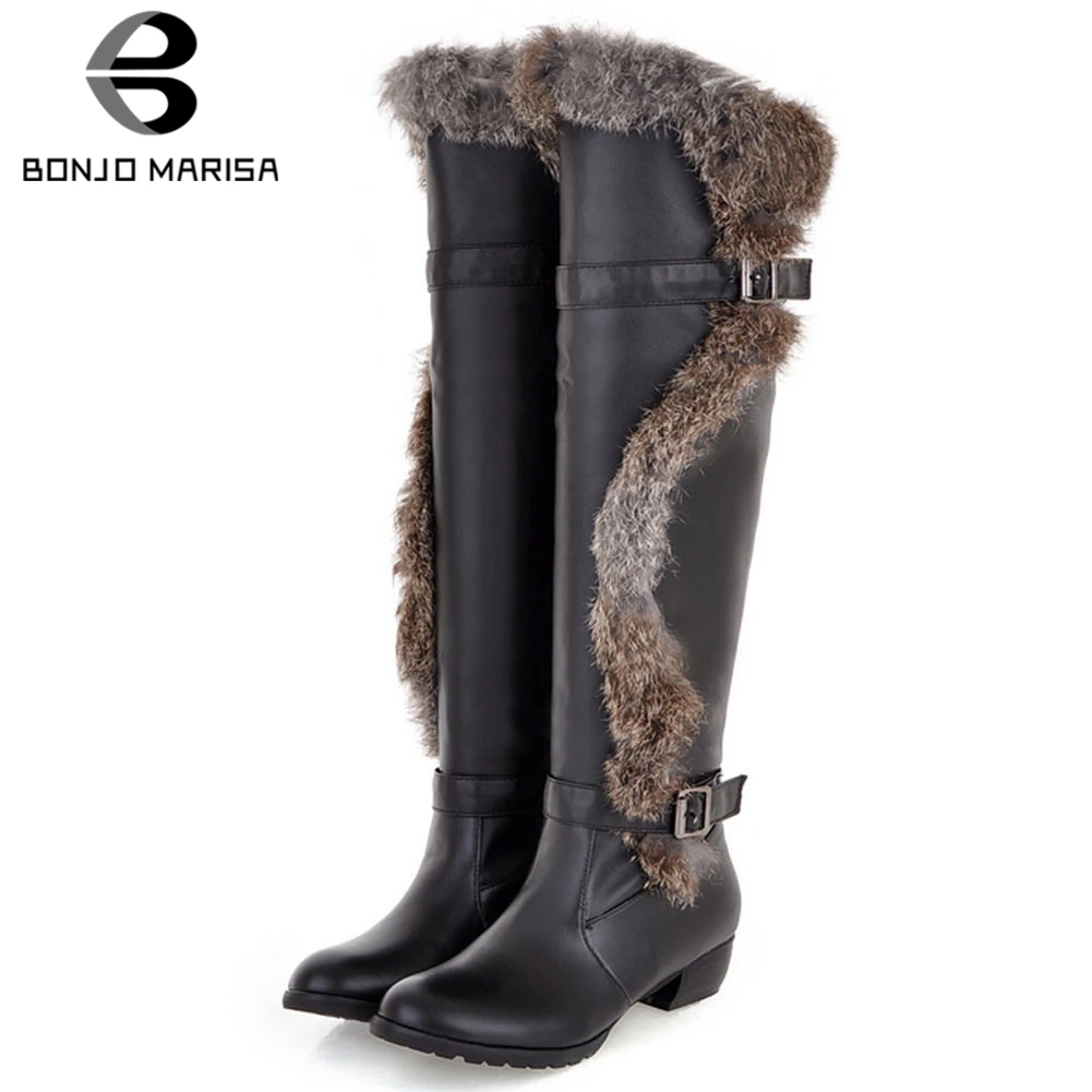 

BONJOMARISA New Fashion Fur Decorating Knee High Boots Women 2019 Mature Black Boots Ladies Casual Low Heel Shoes Woman