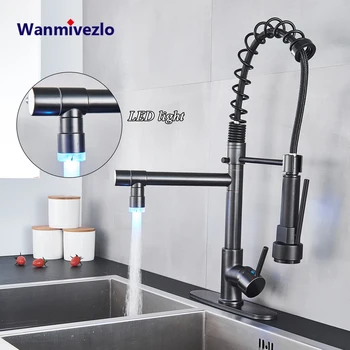

LED Black Bronze Kitchen Faucet Spring Pull Down Dual Spray Spout Kitchen Mixer Tap Deck Mounted Kitchen Single Handle Faucet