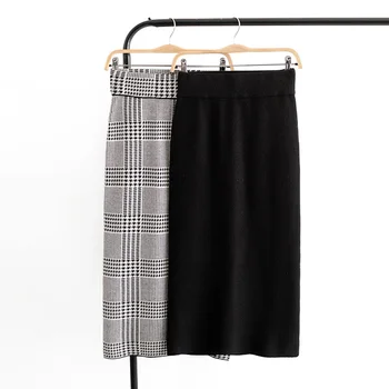 

Fashion Elastic High Waist Knitting Skirts Women Casual Straight Plaid Skirt Women Elegant Mid Calf Female Ladies Pencil Skirts