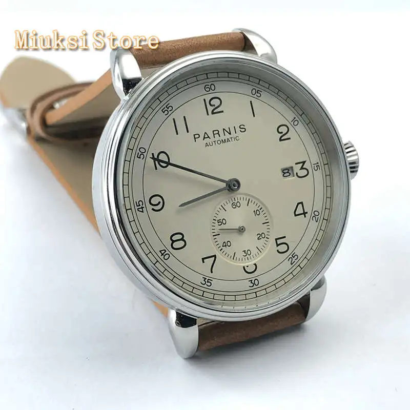42 мм Топ бренд Parnis мужские новые механические часы серебряный корпус Дата кожа Автоматическая мода подарок часы 2962