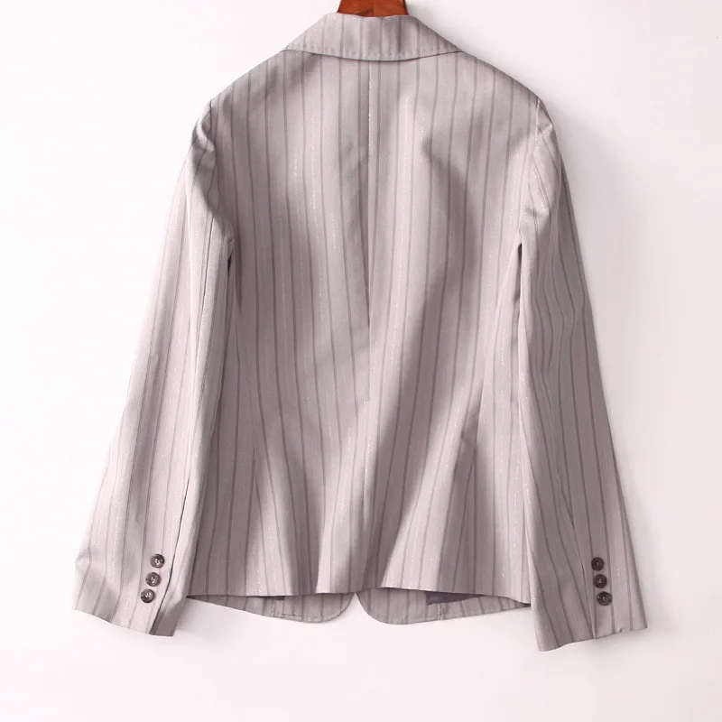 

Vertical Striped + Frigidity Gray ~ 19 Years Autumn Gray One-Button Long Sleeve Dual Pocket Casual Small Suit Coat Women's