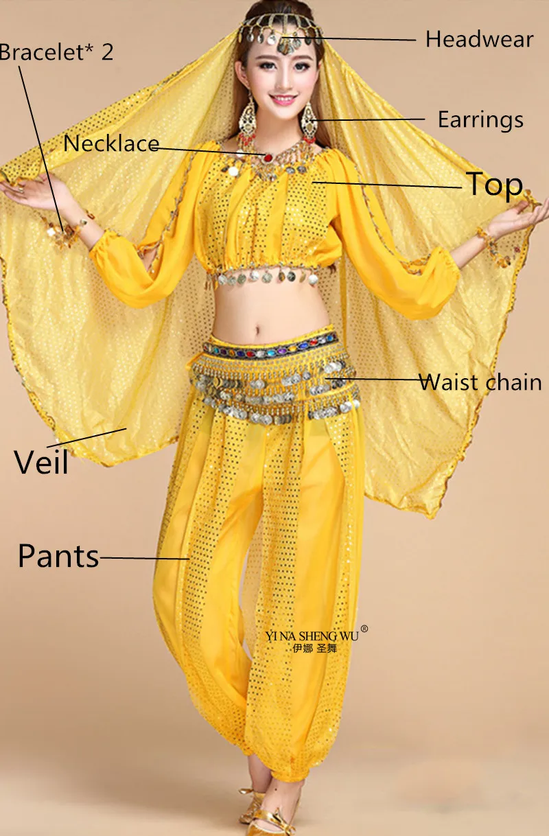 8pcs Yellow-Pants Женский костюм для танца Болливуда, индийские женские комплекты для танца живота, индийское платье для танца живота, костюмы для взрослых, новинка - Цвет: 8pcs Yellow-Pants