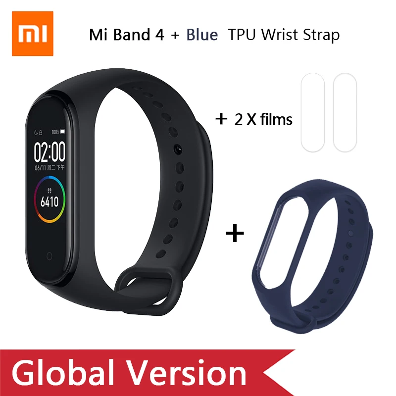 Глобальная версия, Xiaomi mi-браслет 4 mi Band 4, музыкальный цветной экран, фитнес-частота сердечных сокращений, Bluetooth 5,0, умные часы, Russina - Цвет: Add Blue  strap