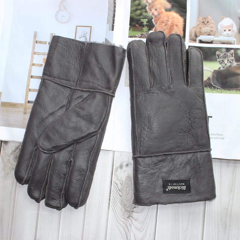 New winter warm men's sheepskin fur gloves leather thick wool outdoor wind and cold gloves