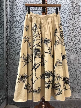 

Top Quality Skirts 2020 Spring Fashion A-Line Skirt Women Vintage Embroidery Mid-Calf Length Big Swing Cotton Linen Skirts Lady