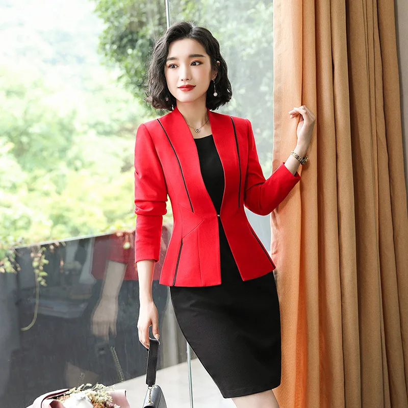red coat blackdress IZICFLY осень весна стиль Карьера красные черные женские костюмы с блейзером платье униформа бизнес офисное платье костюм - Цвет: red coat blackdress