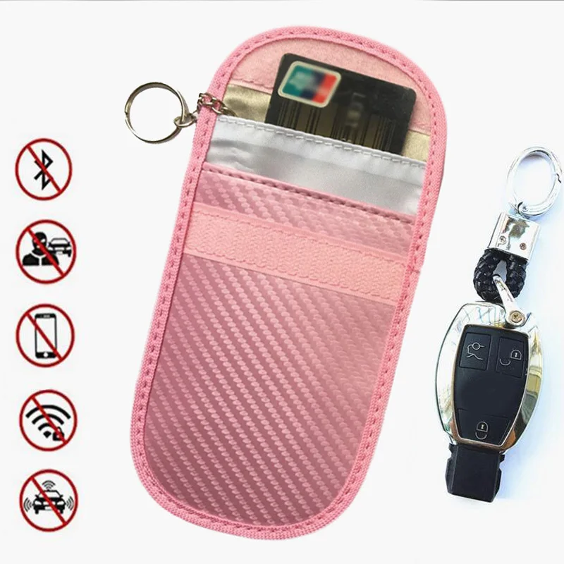 

Carbon Fiber Car Key Case RFID Cover LTE NFC Shielding Pouch Signal Pink