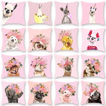 

Cartoon Animal Painting Pillowcase Flowers Pink Blue Yellow Green Cat Dog Llama Lumbar Sofa Couch Cushion Cover Home Decoration