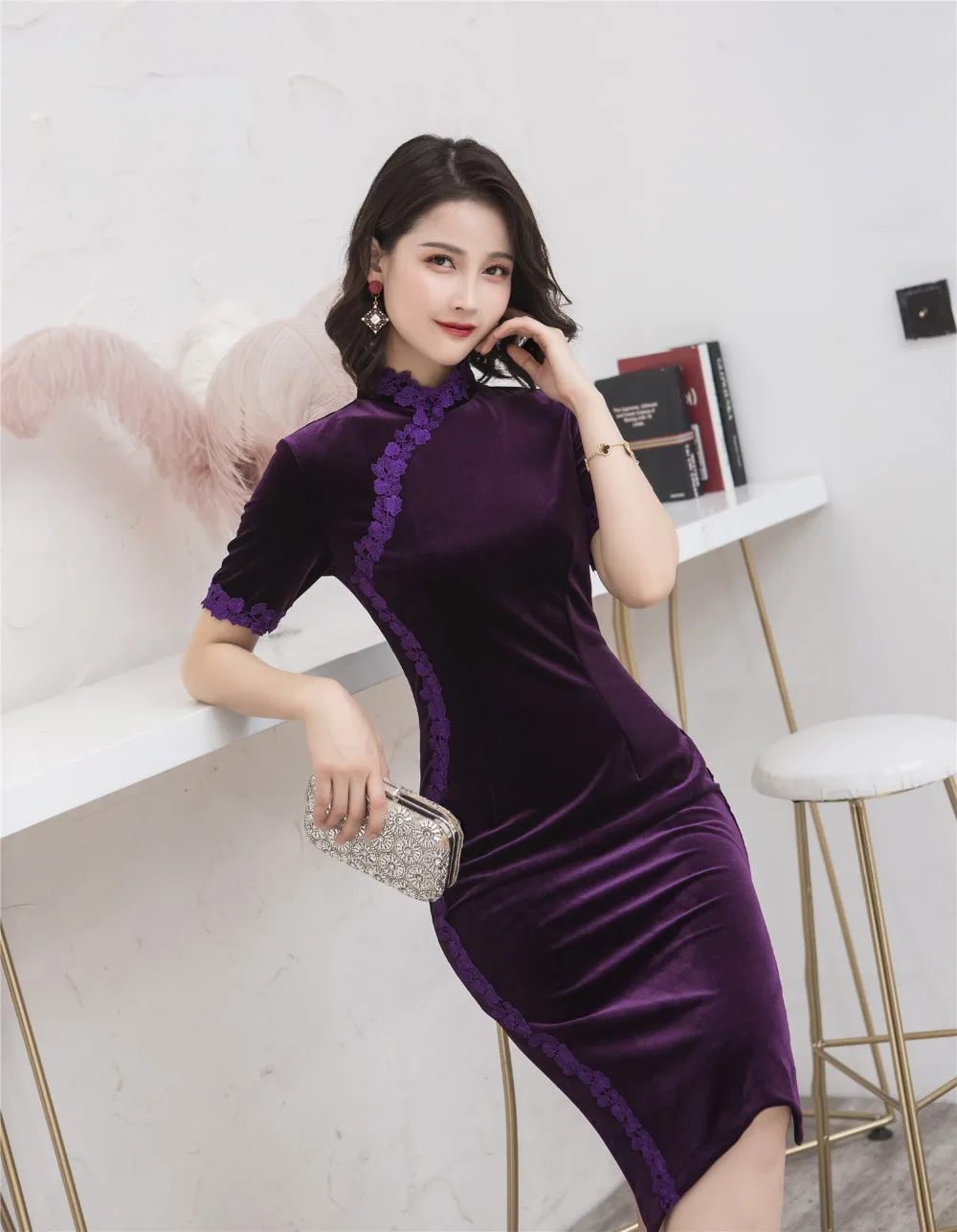 Шанхай история кружева каймы по колено Cheongsam велюровое традиционное китайское Ципао платье