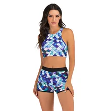 Женский купальник-двойка с принтом рыбьей чешуи, пляжный танкини, боксер, бикини, набор для серфинга, дайвинга, купальник, летний купальный костюм