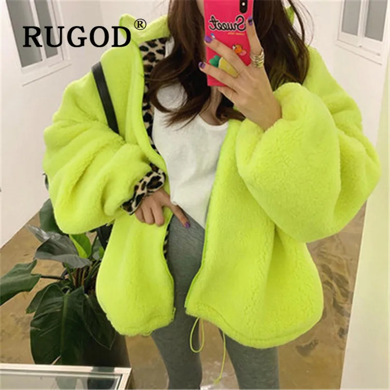 Женская флуоресцентная куртка RUGOD зеленое шерстяное пальто с леопардовым