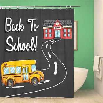 

Bathroom Shower Curtain School Bus Going to Using Coloring Doodle Back Text Polyester Fabric Waterproof Bath Curtain Set with