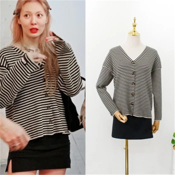 

Gold & elegant same stripe contrast loose Slouchy knitted cardigan V-neck off shoulder sweater for women