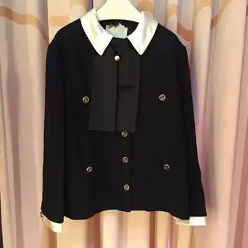 

New big size Jackets spring fashion named Yuan feng wears white collar button bow tie and adorable short jacket