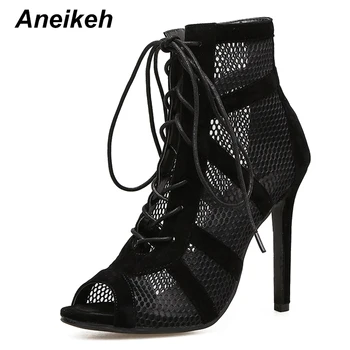 Aneikeh 2022 Fashion Basic Sandals Boots Women High Heels Pumps Sexy Hollow Out Mesh Lace-Up Cross-tied Boots Party Shoes Party 2