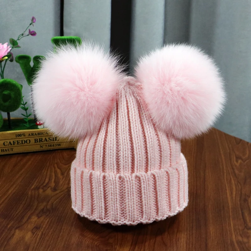 2021 New double natural Pom Poms hat Girls Boys Winter Warm Fur Pompom Ball Knitted Beanies Hat Skullies Beanies Cotton Bonnet