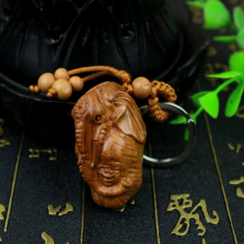 Elephant God Ganesha Statue Rosewood Wood 3D Carving Sculpture Pendant Key Chain 