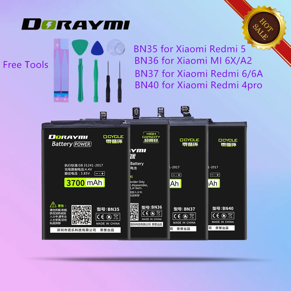 

DORAYMI BN36 Battery for Xiaomi MI 6X A2 MI6X MIA2 Phone Batteries BN35 BN37 BN40 for Redmi 4 Pro 5 6 6A Replacement Bateria