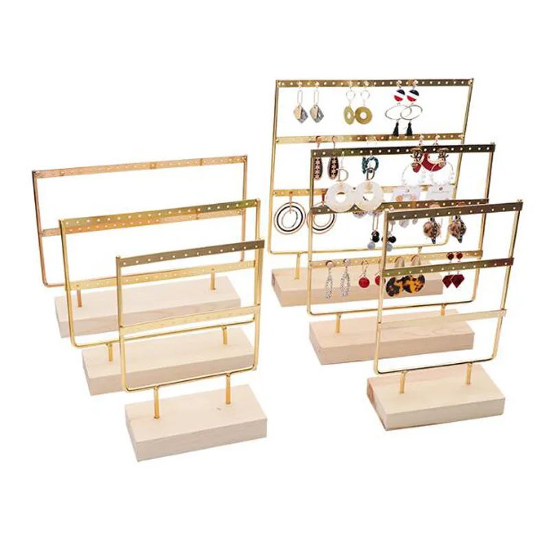 Suporte de brincos jóias em três cores, porta-brincos prateleira de  armazenamento metálico com base de madeira