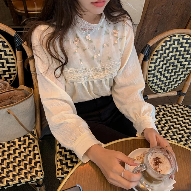 Alien Kitty New Elegant Lace Stand Collar Blouse Shirt Sexy Hollow Out Floral Embroidery Feminine Blouses Women Long Sleeve Tops 2