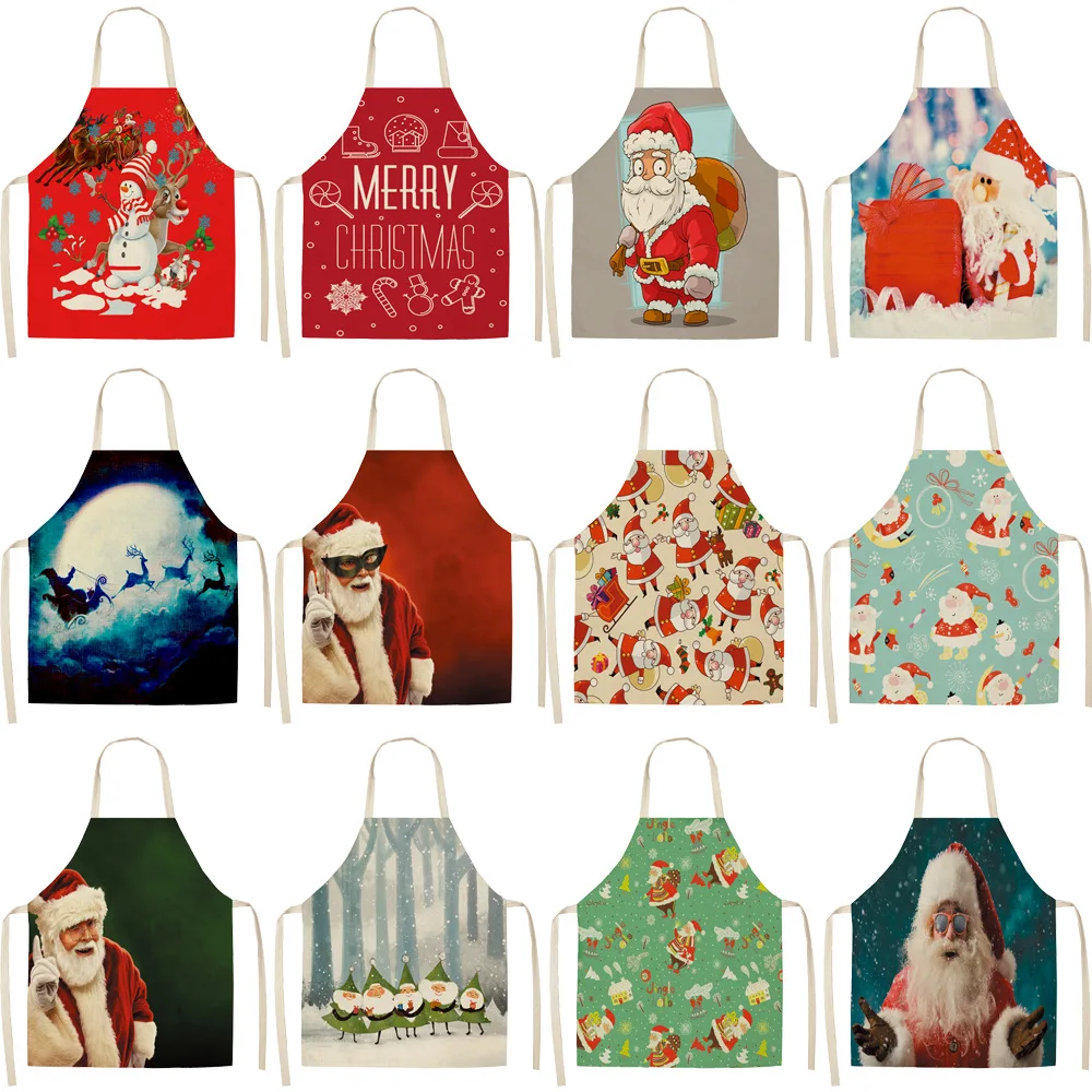 

High Quality Christmas Apron Fabric linen printed bodice overalls apron Home Cooking Baking Bibs Cleaning Tools