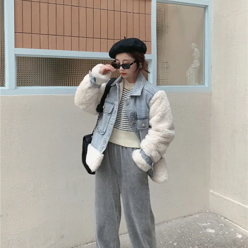 

Womens Coats Stylish Warm Bomber Jacket Women Winter Jackets For Women 2020 Thick Patchwork Denim Lamb Wool Coat