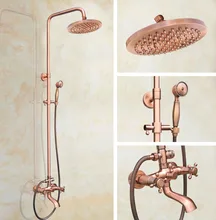 

Antique Red Copper Brass Dual Cross Handles Bathroom 8 Inch Round Rain Shower Faucet Set Tub Mixer Tap Hand Shower mrg513