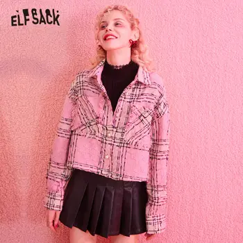 

ELFSACK Pink Tweed Vintage Fringe Blouse Shirts Women 2020 Winter Pearl Single Button Long Sleeve Office Ladies Sweet Short Tops
