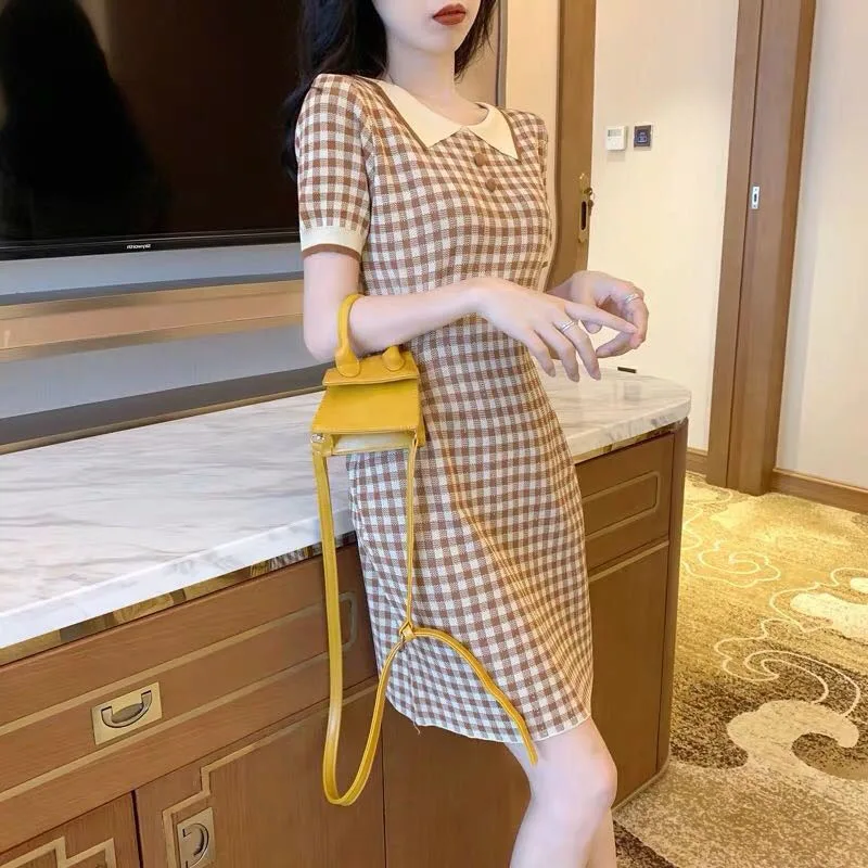 Summer 2020 New Women Plaid Polo Collar Straight Dress Female Korean Japanese Short Sleeve Mini Sweet Dress Ladies