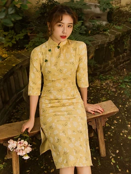 

Retro-style young girl's improvement in long cheongsam Chinese style artistic temperament thin dress midi-skirt summer