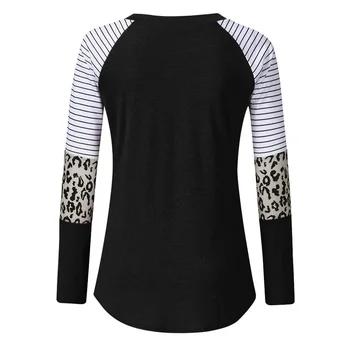 

Casual Spring Loose Daily Office Soft Women Tops Splice Crew Neck Travel Leopard Stripe Comfortable Autumn Long Sleeve