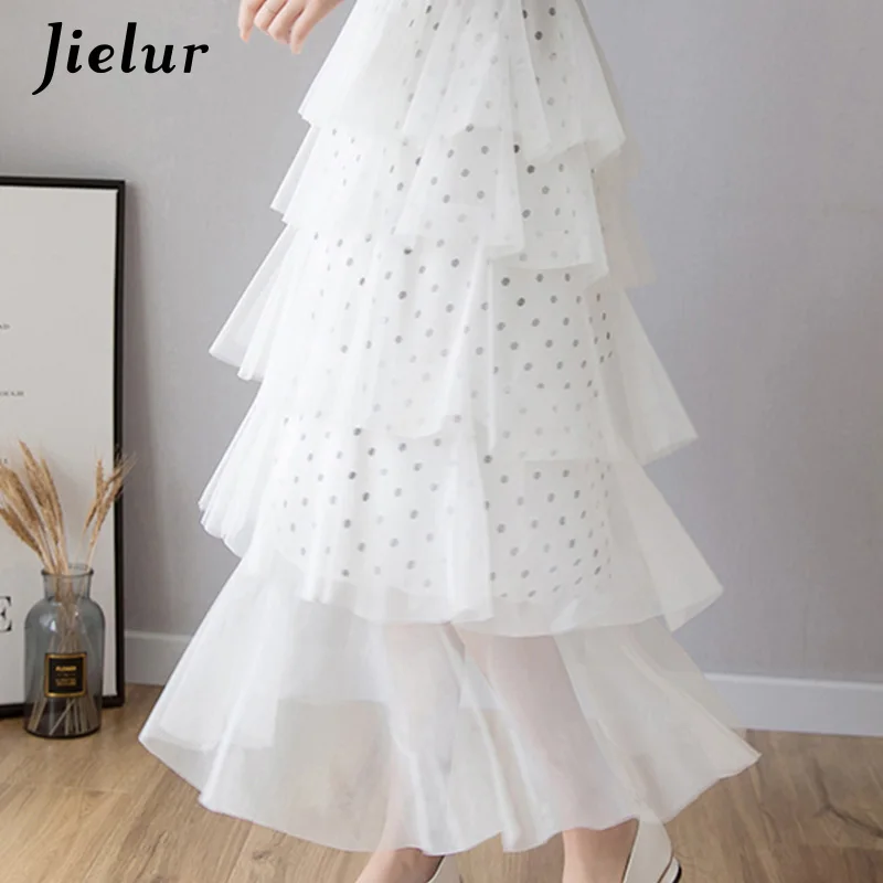 Jielur Mesh Tulle Skirts Womens A-line 2020 New Dot Pleated Skirt Spring Jupe Tutu Skirts Faldas Mujer Moda Black Elastic Waist