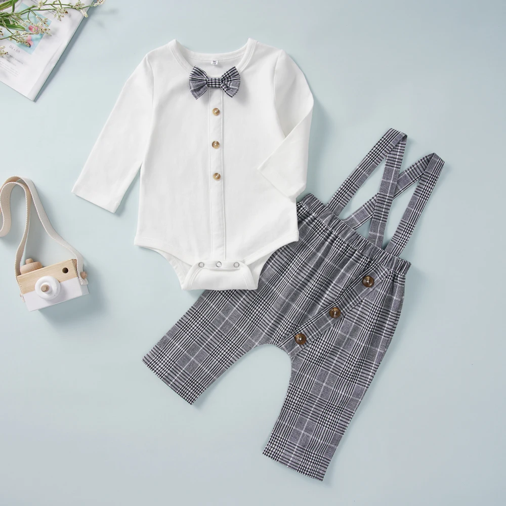 Emmababy комплект из 2 предметов для новорожденных мальчиков и девочек, хлопковый комбинезон с длинными рукавами на пуговицах и бантом+ комбинезон, осенняя одежда - Цвет: Белый