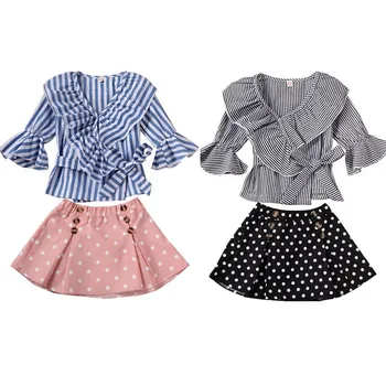 

Pudcoco US Stock 1-6 Years Baby Girls Kids Autumn Fashion Skirt Set Striped Trumpet Sleeve Tops Wave Point Print Half Skirt