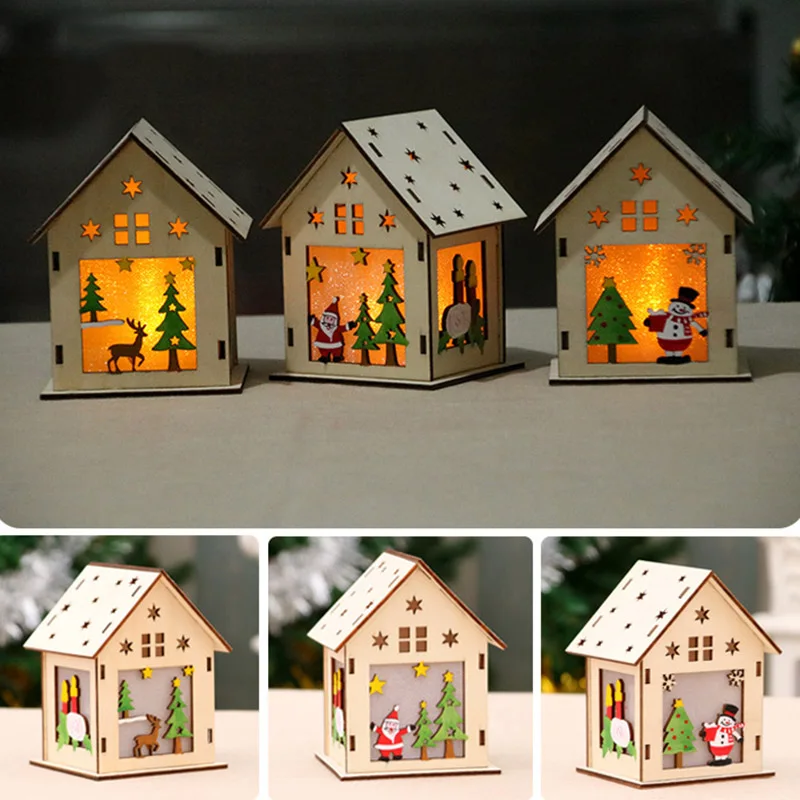 

Christmas Small Wood House Hang Decorations 4 ColoRs LED Lamp Log Cabin Ornaments Christmas Home Bar DIY Decoration Dismountable