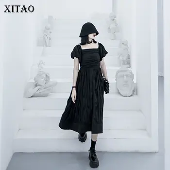 

XITAO Chiffon Dress Strapless Black Pleated Women Elegant Goddess Fan Backless High Waist Elegant Small Fresh Dress DZL1010