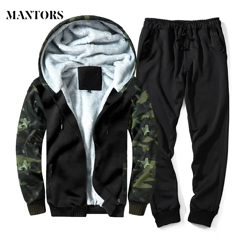 

2018 Winter New Fleece Set Men Warm Hooded Sweatshirts Thick Tracksuit Hoodies+Pants Sets Male Casual Sporting Suits Camouflage