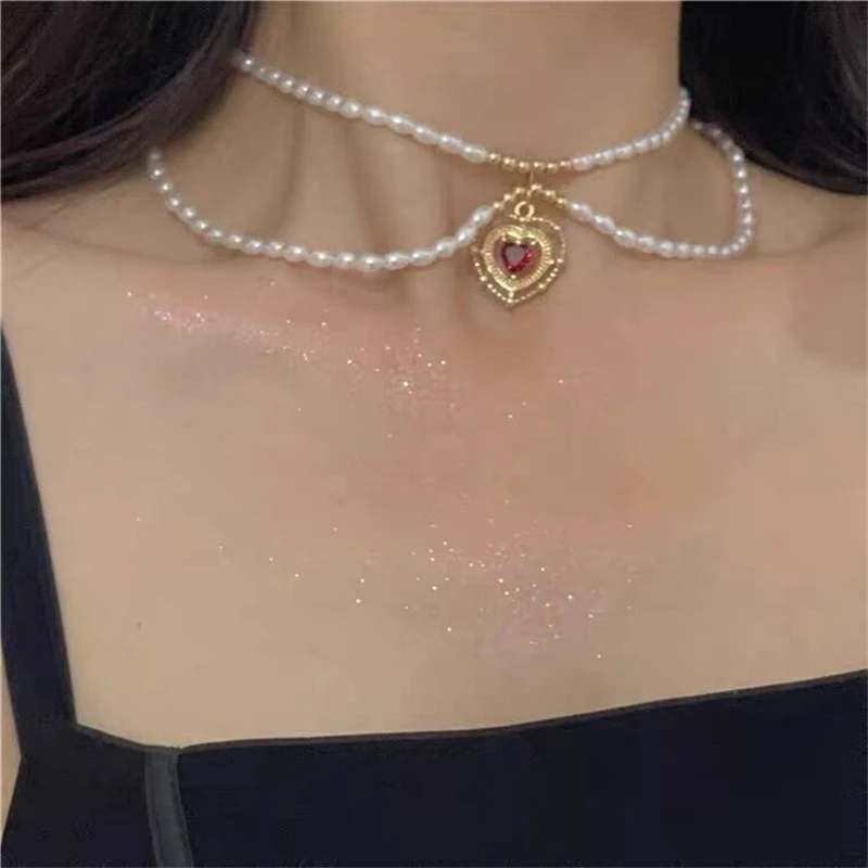 

Kpop New French retro Double Layers Imitation Pearls Red Heart Choker Short Chain Necklace for Women Party Aesthetic Jewellery